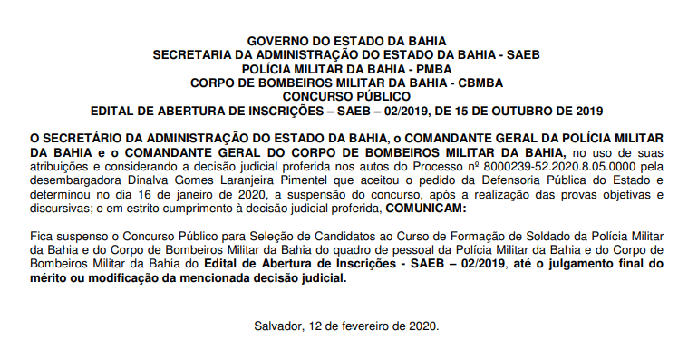 Concursos PM BA e CBM BA estão oficialmente suspensos. Entenda! 