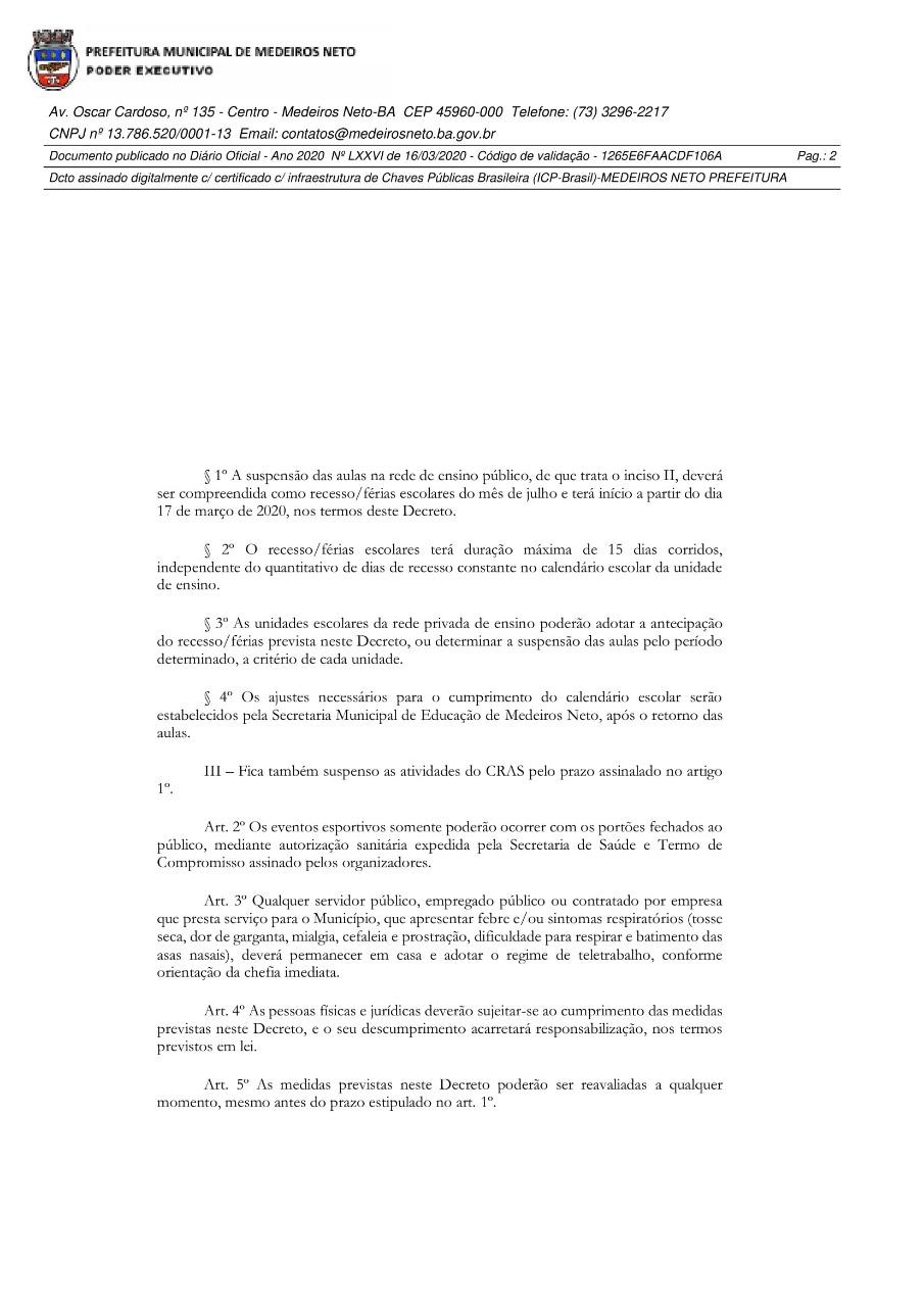 Aulas na rede municipal de Medeiros Neto são suspensas em prevenção ao coronavírus