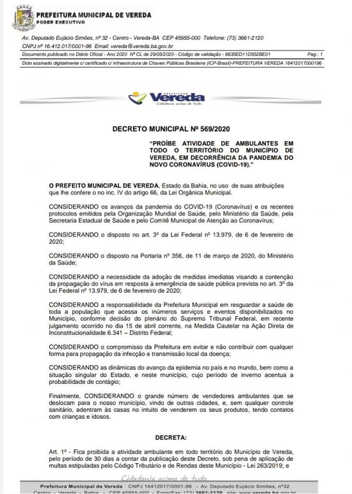 Prefeitura de Vereda decreta poibição de atividades de ambulantes que não residem na cidade