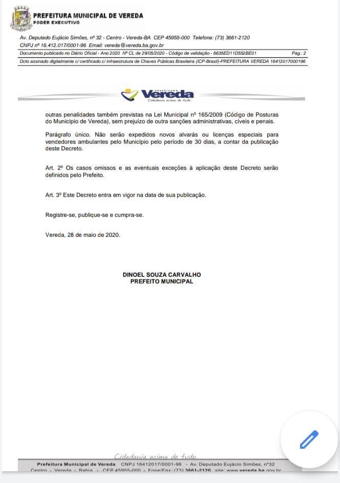 Prefeitura de Vereda decreta poibição de atividades de ambulantes que não residem na cidade