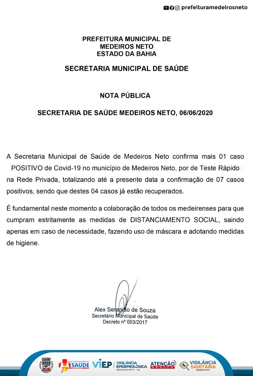 Medeiros Neto confirma o 7º caso do novo coronavírus