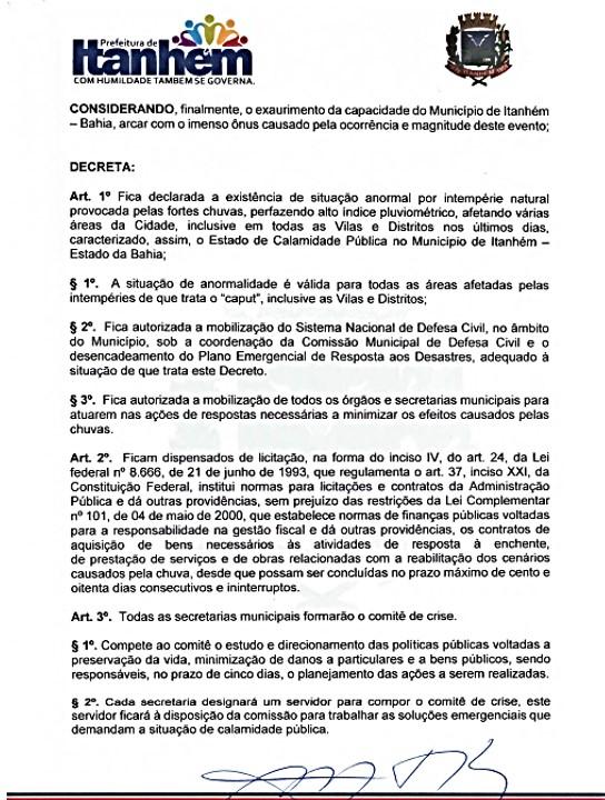 Itanhém decreta Estado de Calamidade Pública