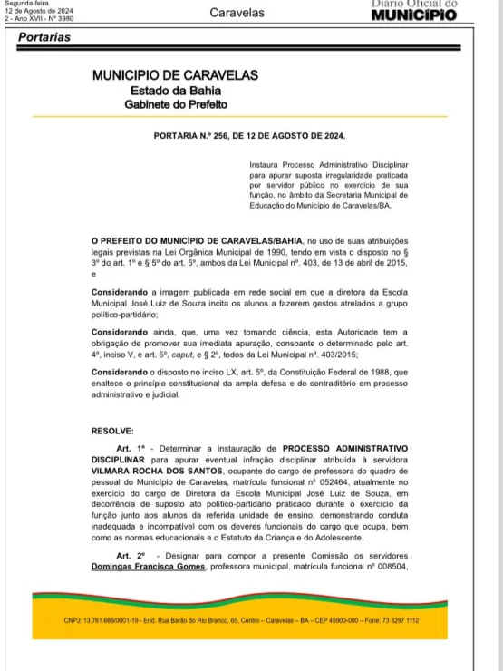 Em meio a acusações de perseguição política, prefeito de Caravelas instaura Processo Administrativo contra diretora escolar