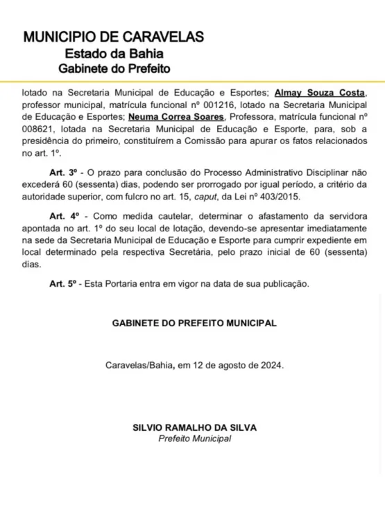 Em meio a acusações de perseguição política, prefeito de Caravelas instaura Processo Administrativo contra diretora escolar