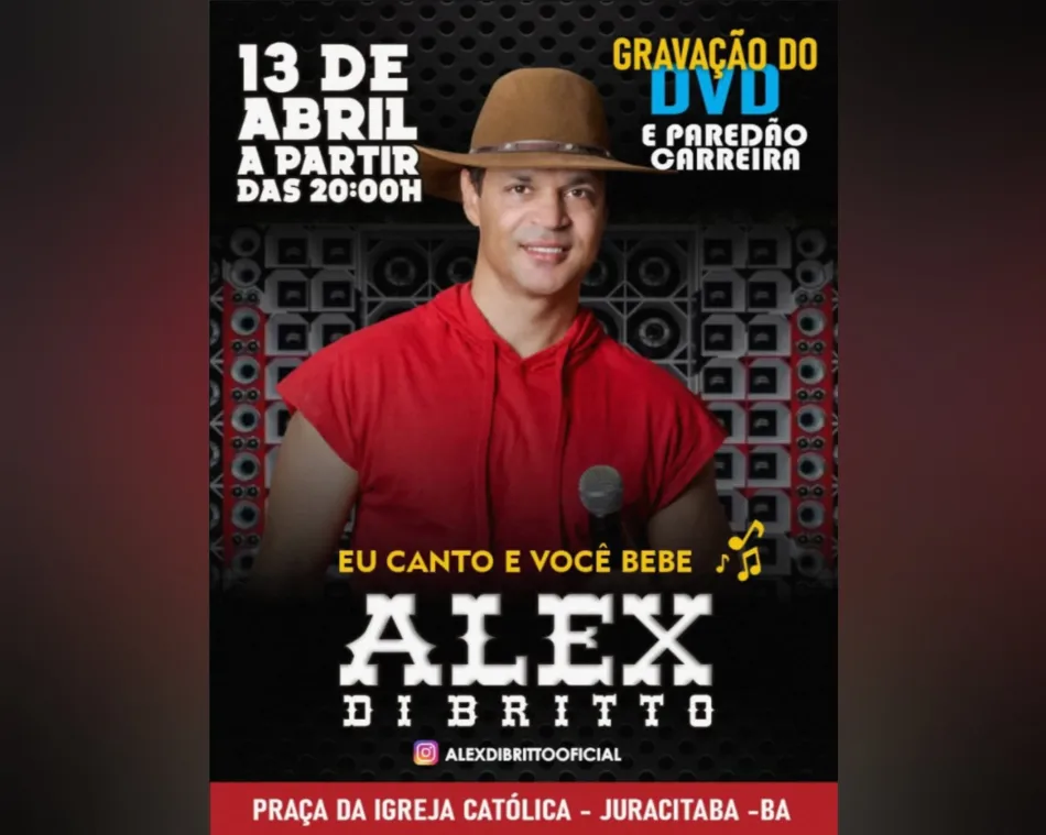 "Eu canto e você bebe": 1º DVD de Alex di Britto será gravado no próximo sábado, 13, em Juracitaba