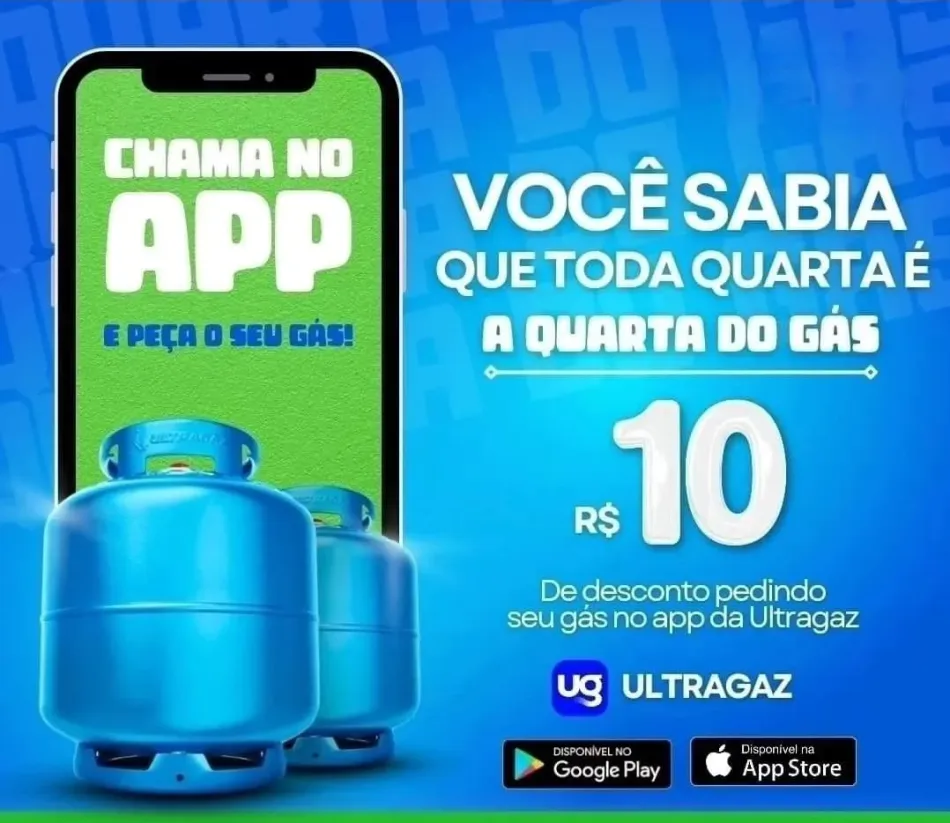 A Ultragaz e a Porto Gás oferecem desconto de R$ 10 em compras de gás pelo aplicativo todas as quartas-feiras