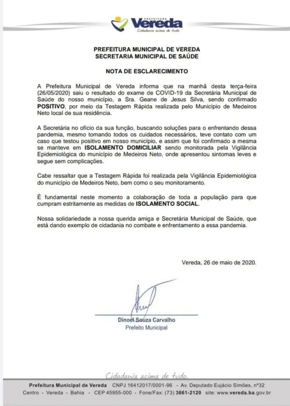 Prefeitura de Vereda emite nota sobre secretária de Saúde com covid-19